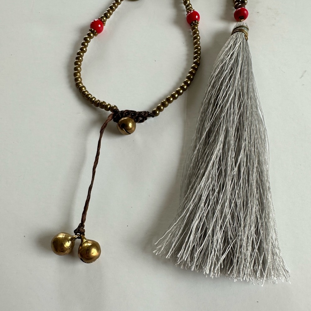 Tassel gold bead necklace boho festival jewelry jingle bells 16in drop 20in - Picture 2 of 4